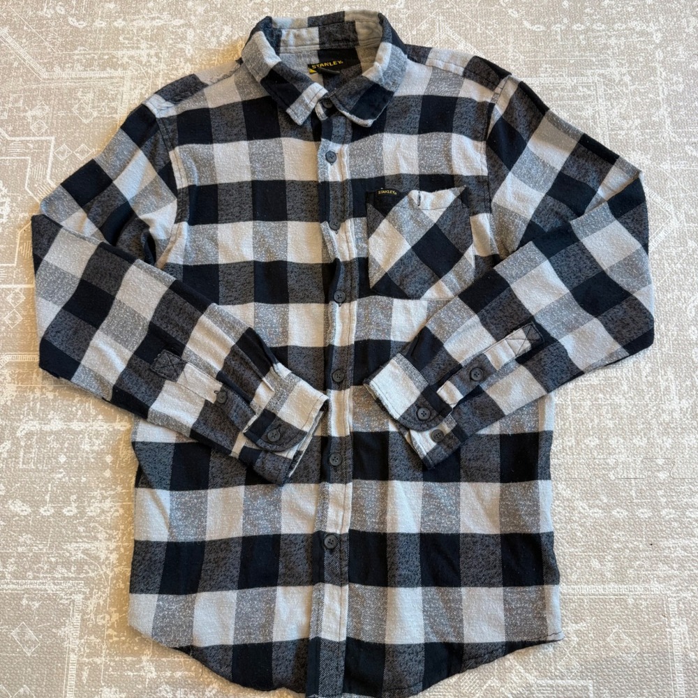 STANLEY Mens Black Gray Buffalo Plaid Flannel Long Sleeve Button Up Shirt Size M
